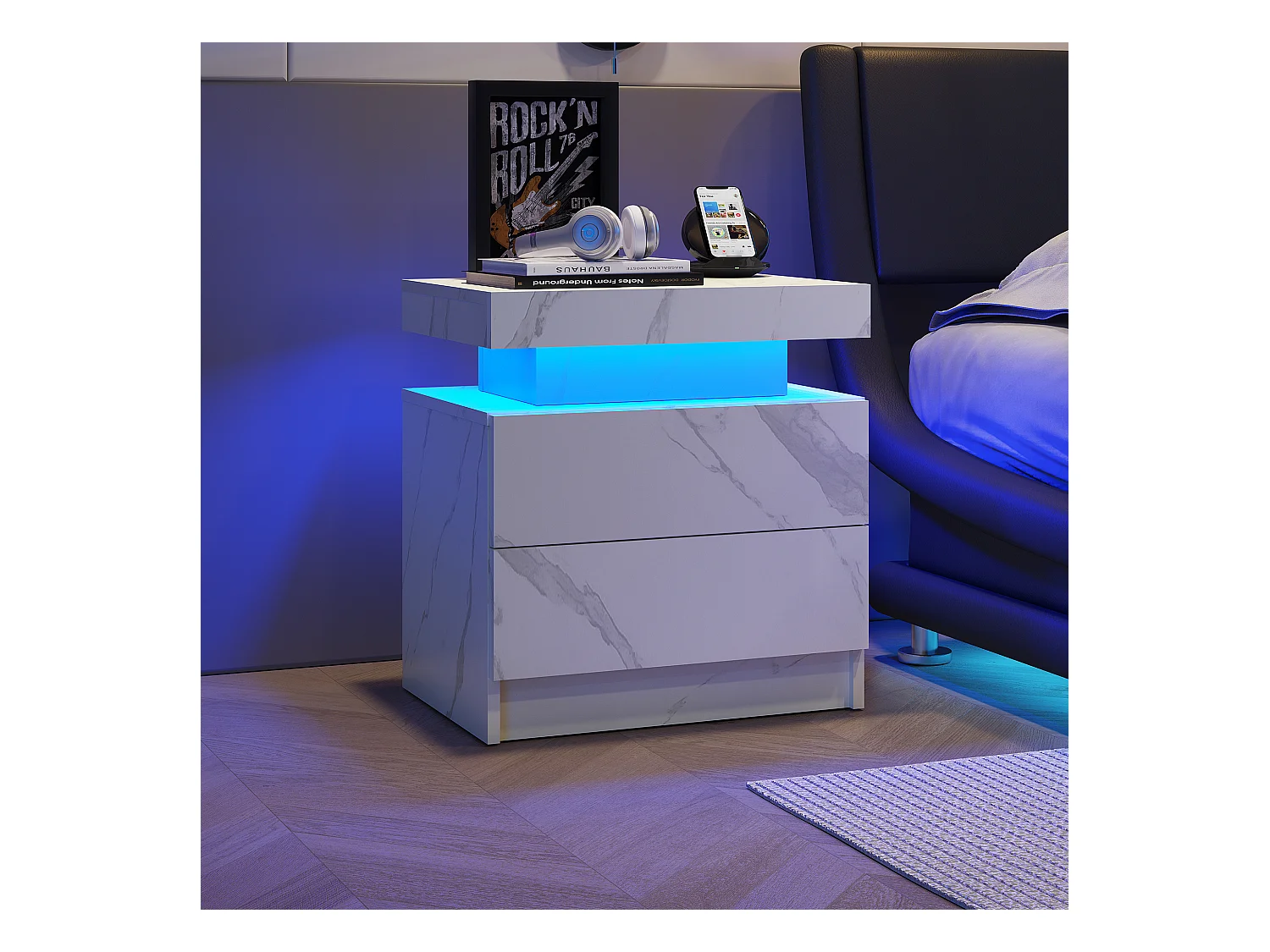 Mesita de noche con 2 cajones - Mesita de noche con iluminación LED - blanca - para dormitorio