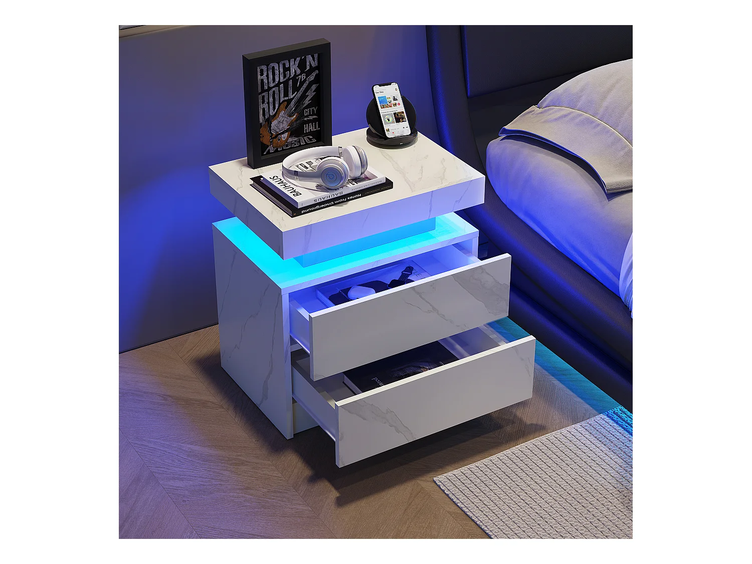 Mesita de noche con 2 cajones - Mesita de noche con iluminación LED - blanca - para dormitorio