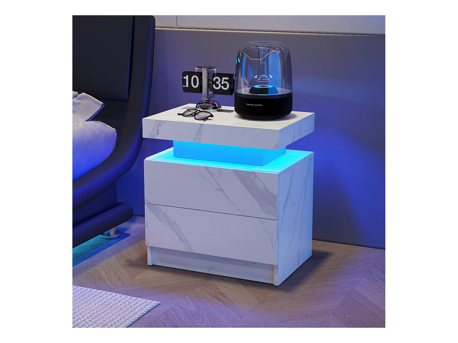 Mesita de noche con 2 cajones - Mesita de noche con iluminación LED - blanca - para dormitorio