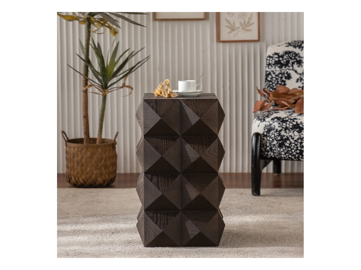 Table de chevet marron vintage - motif en relief 3D - pour chambre