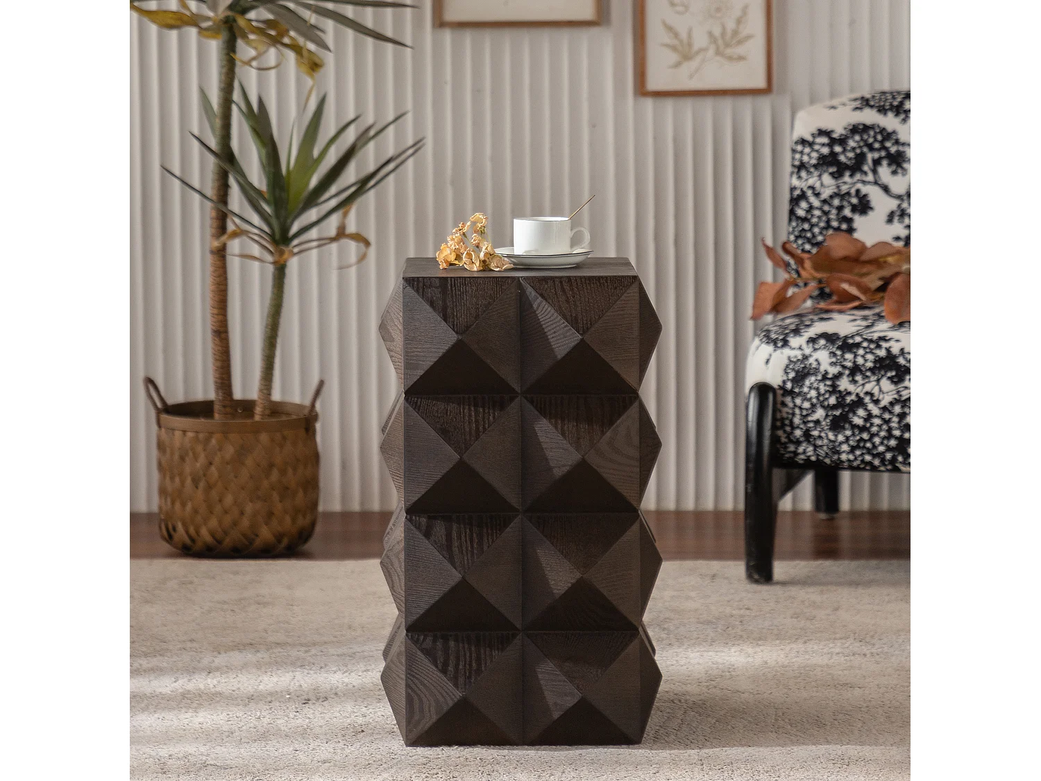 Table de chevet marron vintage - motif en relief 3D - pour chambre