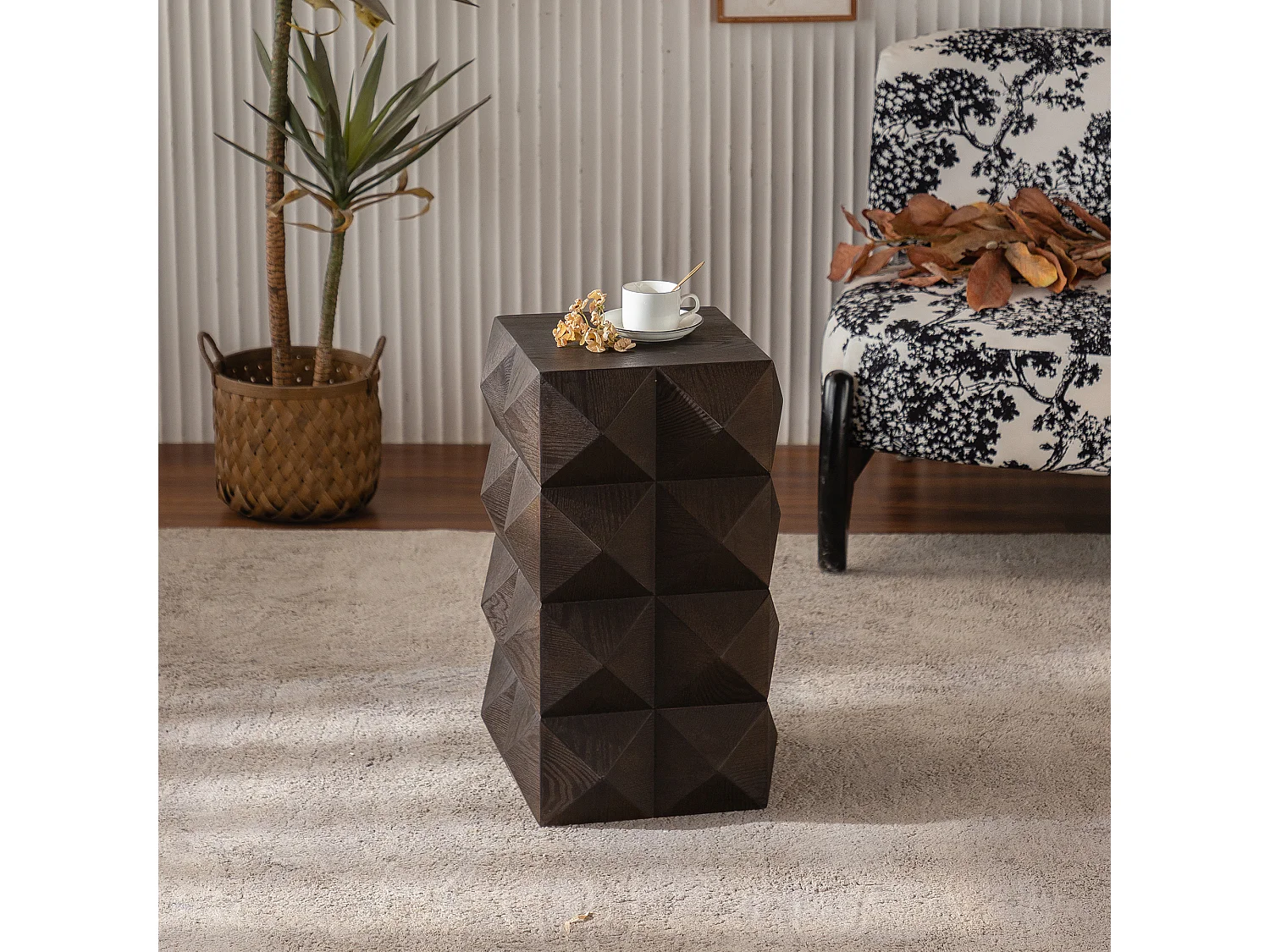 Table de chevet marron vintage - motif en relief 3D - pour chambre