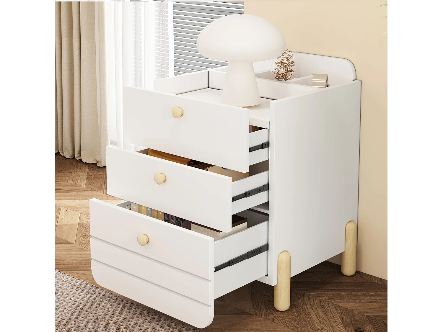 Wit nachtkastje - Nachtkastje met 3 lade en plank - voor woonkamer en slaapkamer