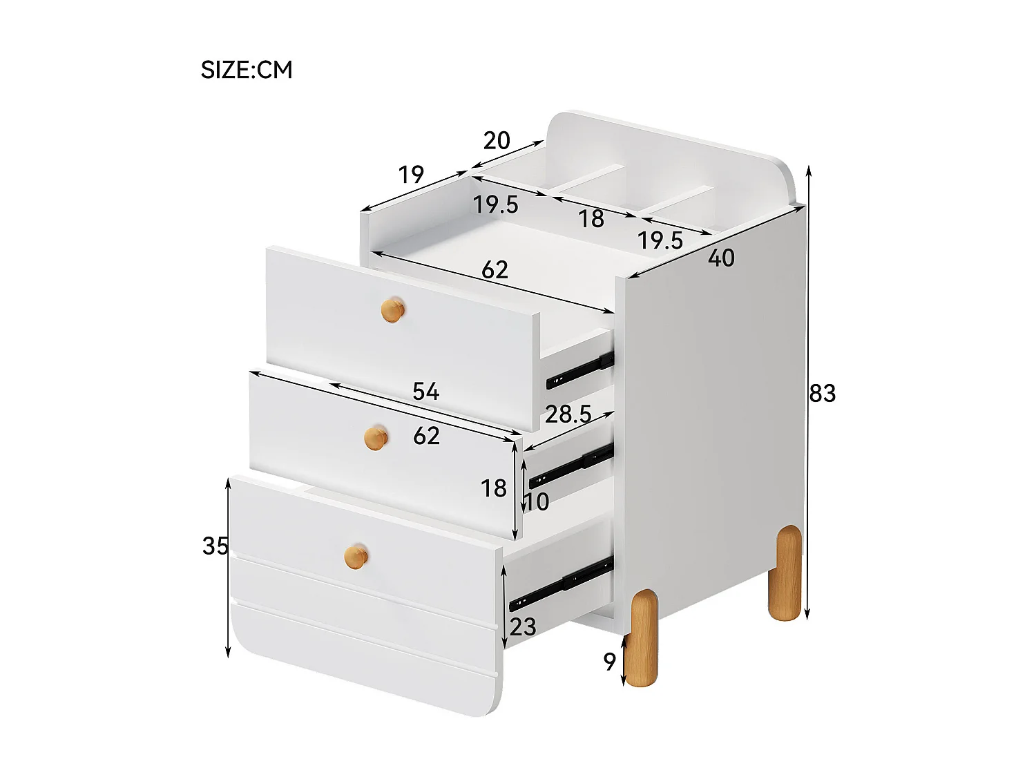 Wit nachtkastje - Nachtkastje met 3 lade en plank - voor woonkamer en slaapkamer