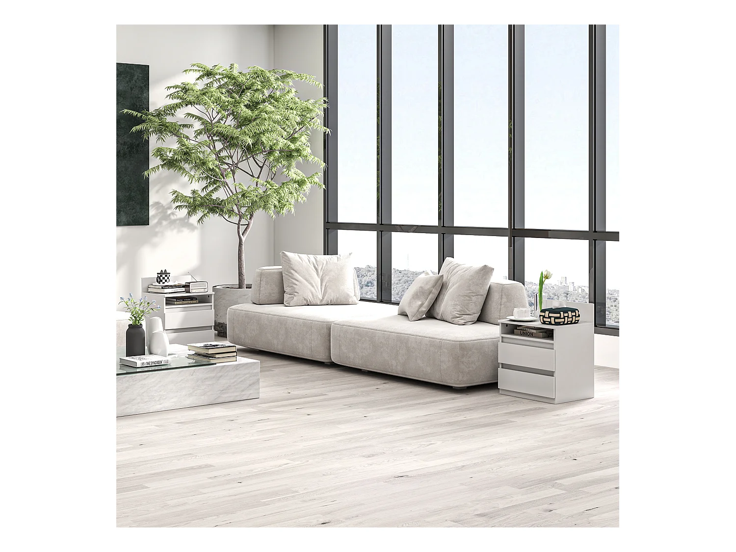 Lot de 2 tables de chevet - Table de chevet avec 2 tiroirs et étagère - blanc - pour chambre et salon