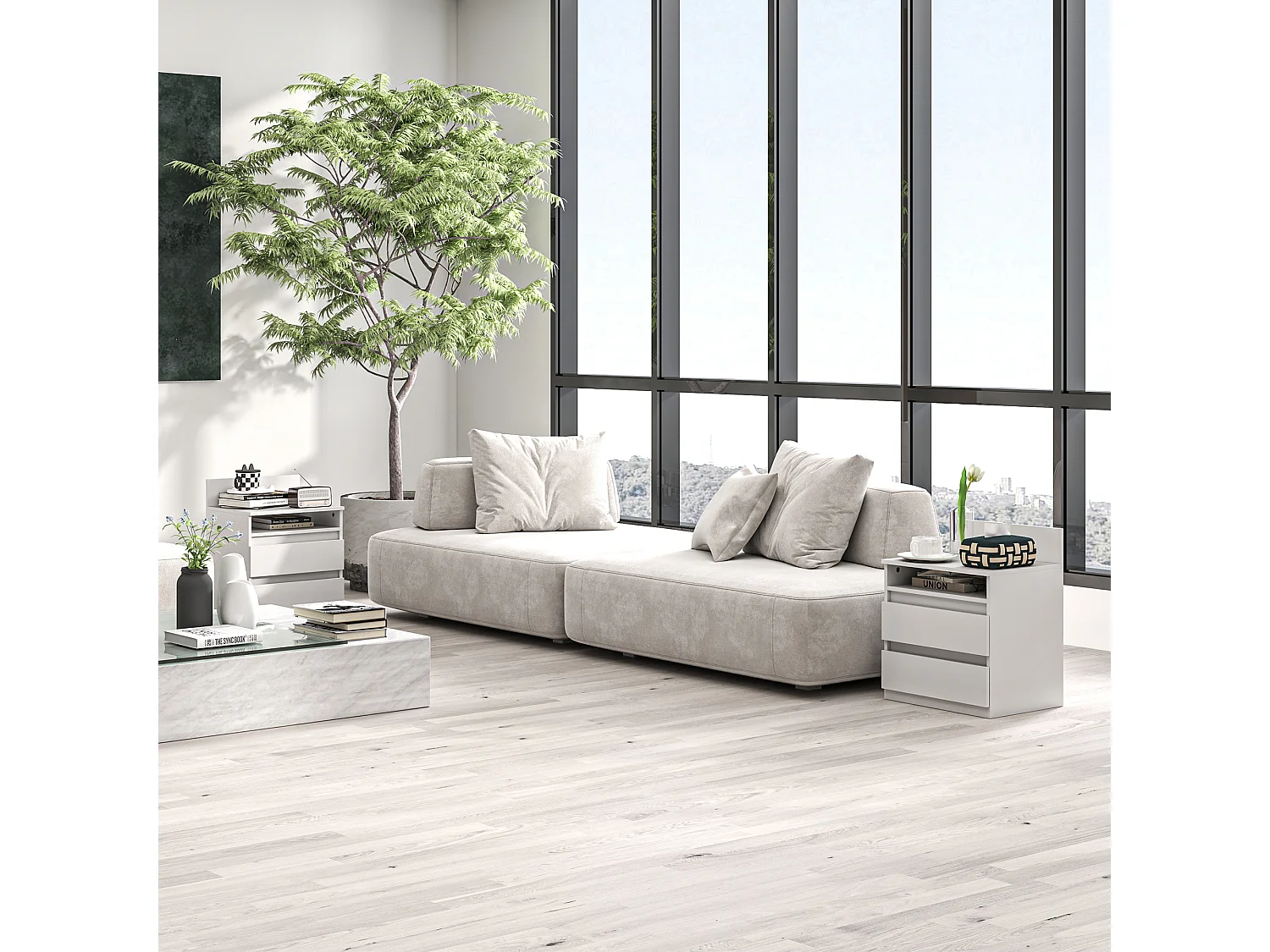 Lot de 2 tables de chevet - Table de chevet avec 2 tiroirs et étagère - blanc - pour chambre et salon