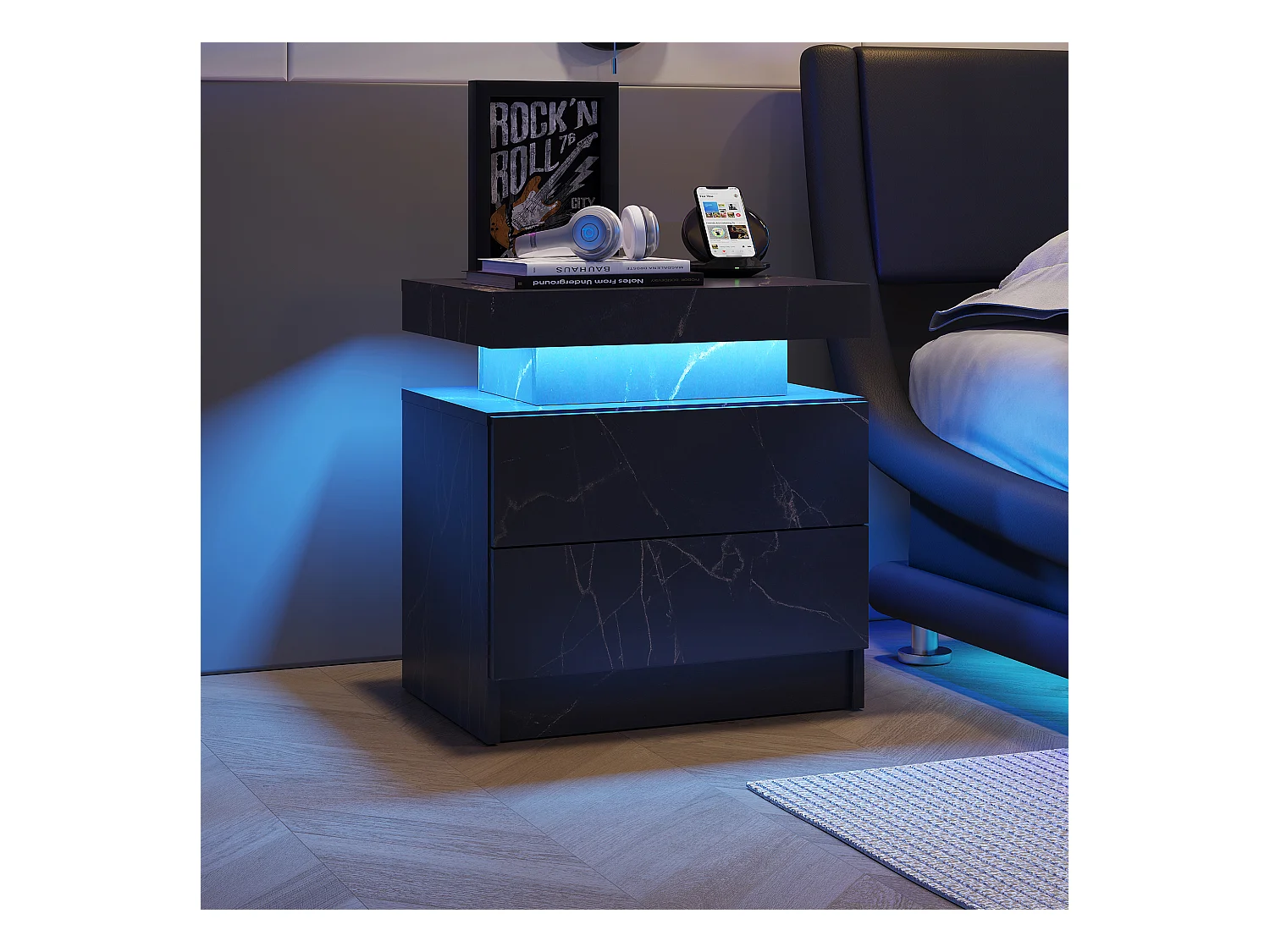 Table de chevet à 2 tiroirs - Table de chevet avec éclairage LED - noir - pour la chambre