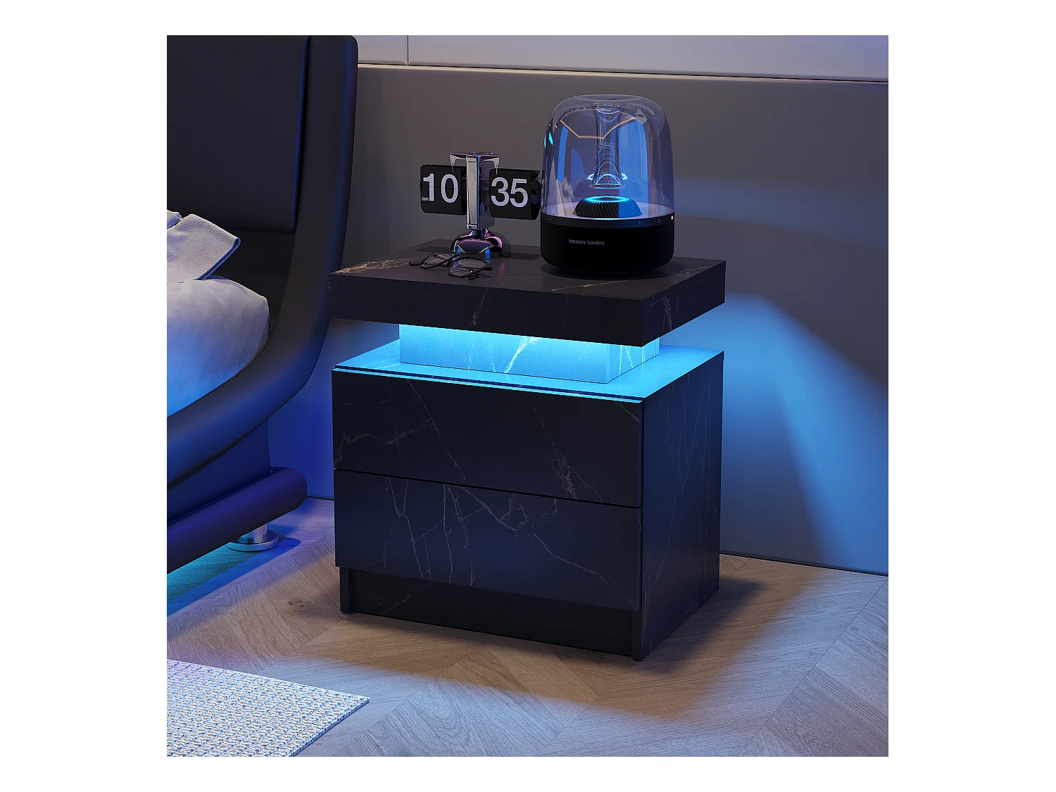 Table de chevet à 2 tiroirs - Table de chevet avec éclairage LED - noir - pour la chambre