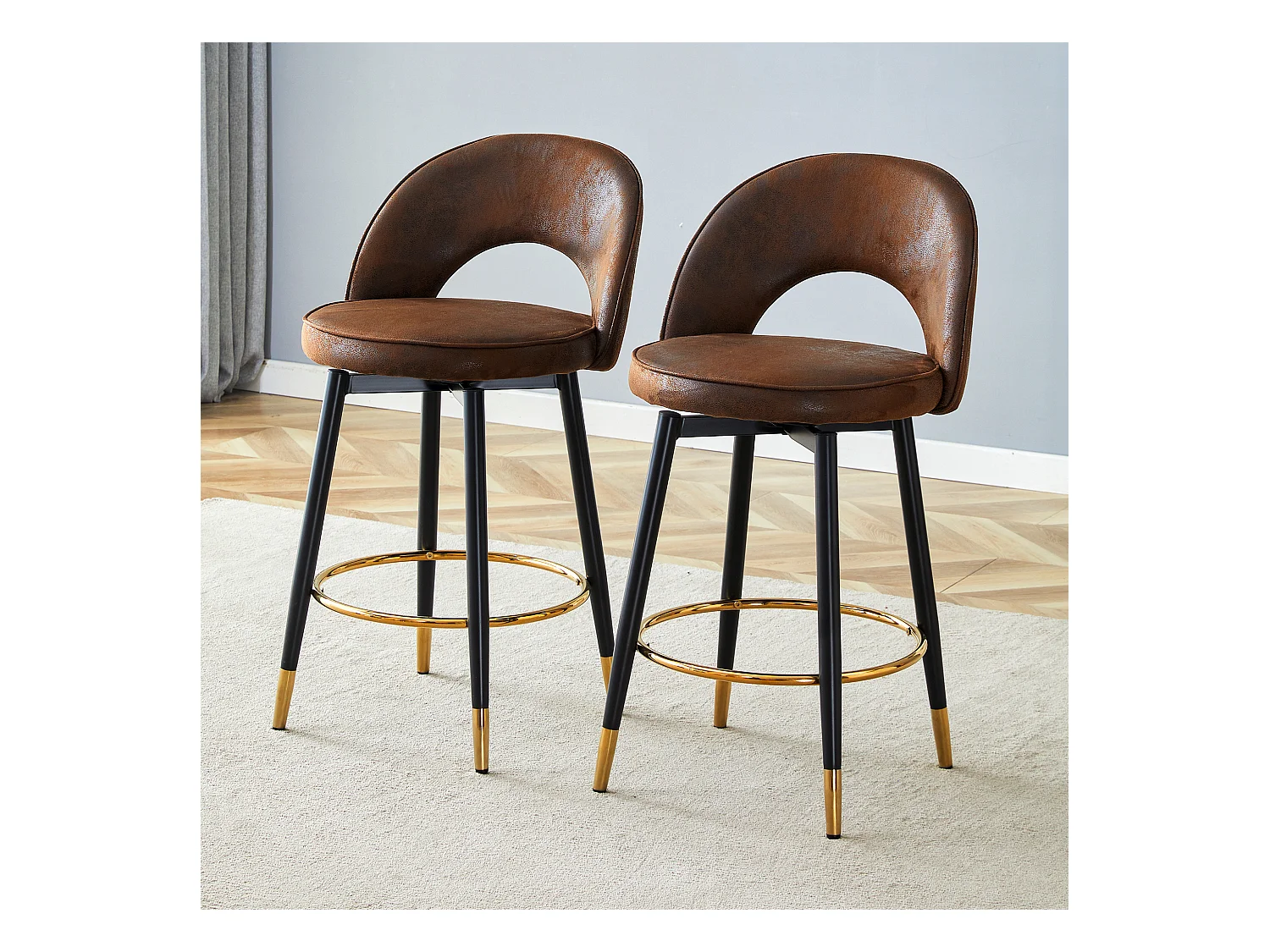 Lot de 2 tabourets de bar - Tabouret de bar pivotant avec dossier et repose-pieds en métal - marron PU - pour salles à manger et terrasses