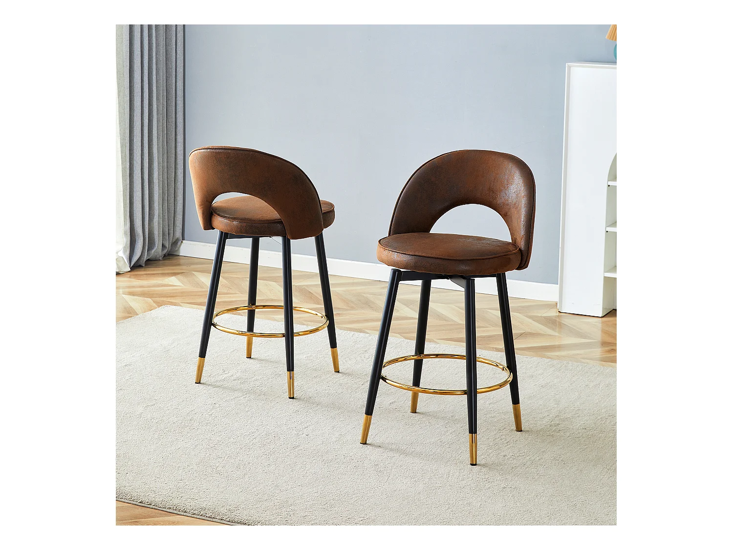 Lot de 2 tabourets de bar - Tabouret de bar pivotant avec dossier et repose-pieds en métal - marron PU - pour salles à manger et terrasses