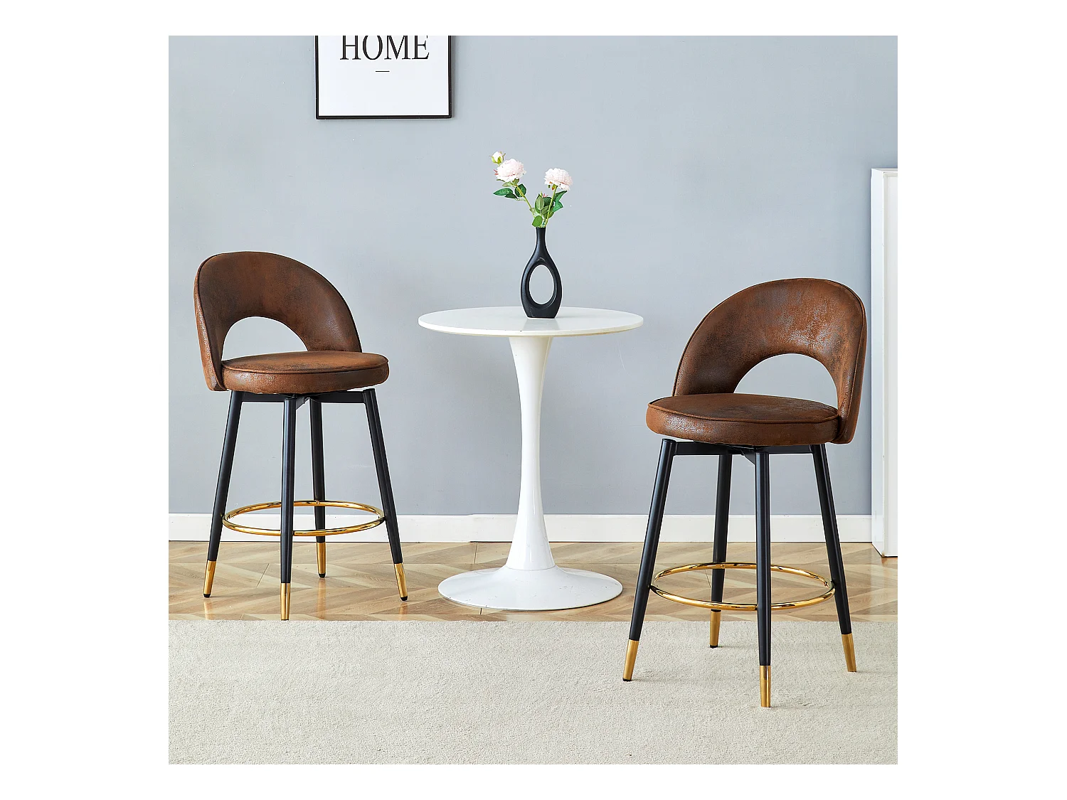 Lot de 2 tabourets de bar - Tabouret de bar pivotant avec dossier et repose-pieds en métal - marron PU - pour salles à manger et terrasses