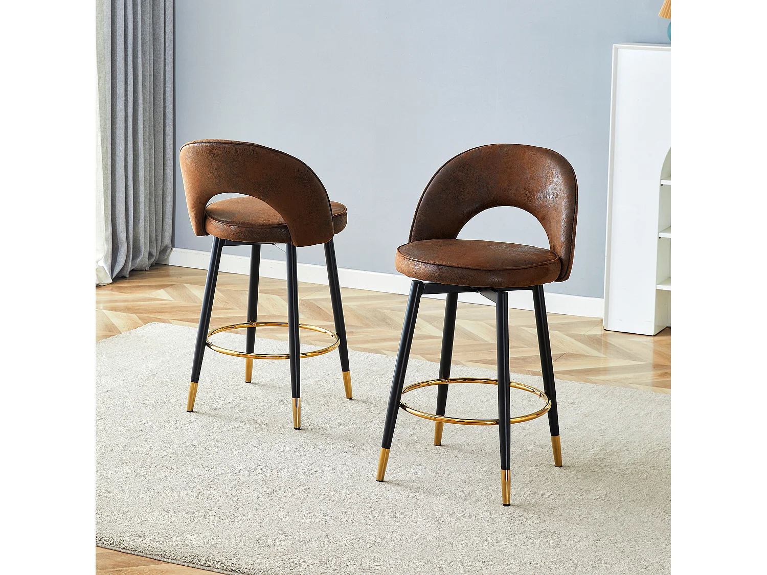 Set van 2 barkrukken - Draaibare barkruk met rugleuning en metalen voetensteun - Bruin PU - voor eetkamers en terrassen