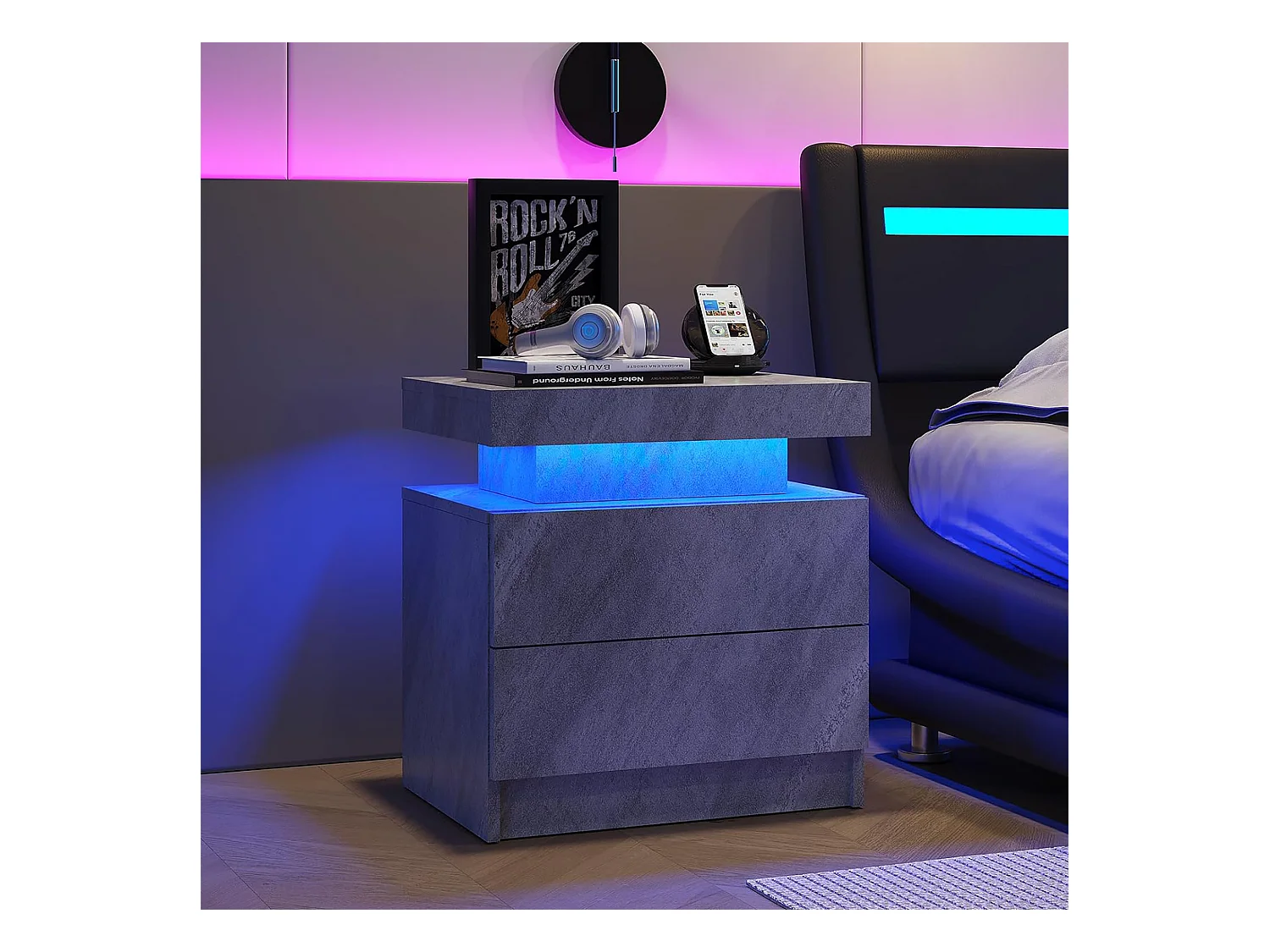 Table de chevet à 2 tiroirs - Table de chevet avec éclairage LED - gris - pour la chambre