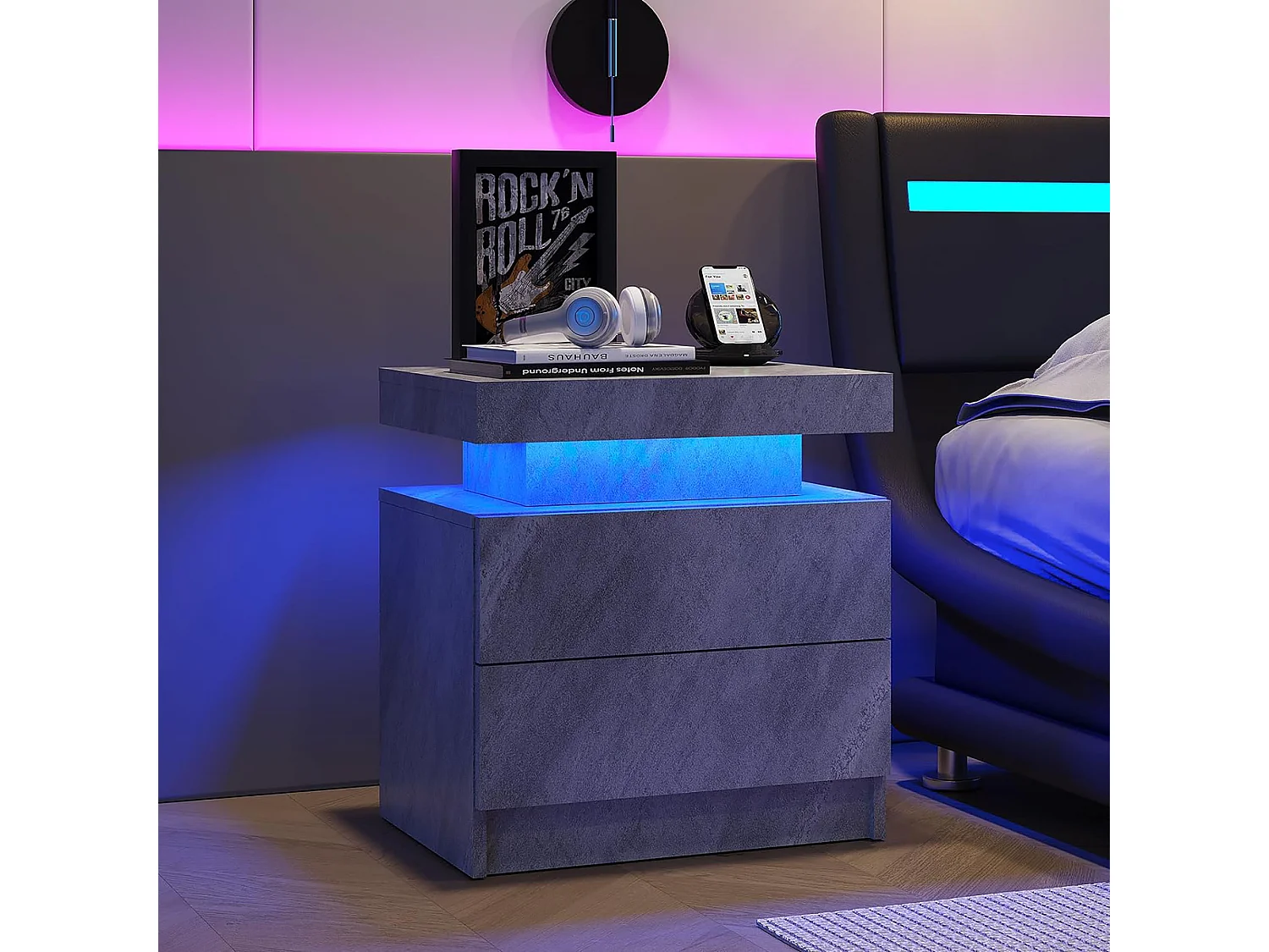 Table de chevet à 2 tiroirs - Table de chevet avec éclairage LED - gris - pour la chambre