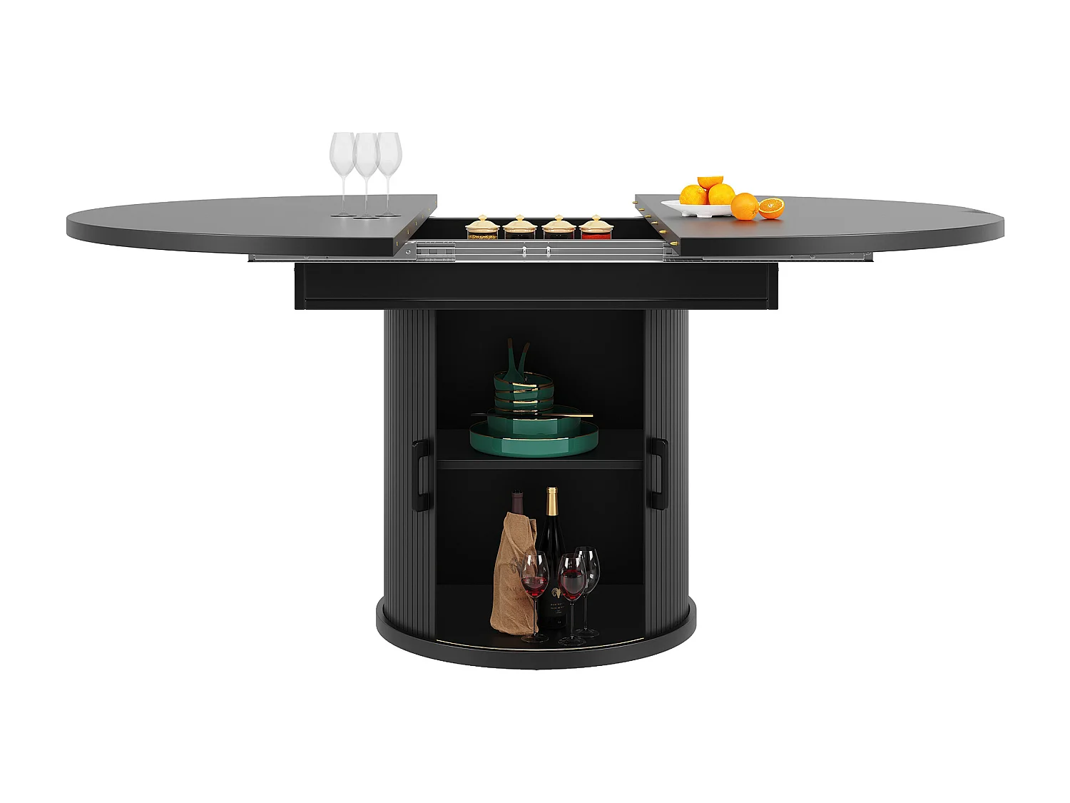 Uitschuifbare ronde eettafel - Uitschuifbare tafel met 2 deuren en 6 verstelbare poten - zwart - voor eetkamer en woonkamer