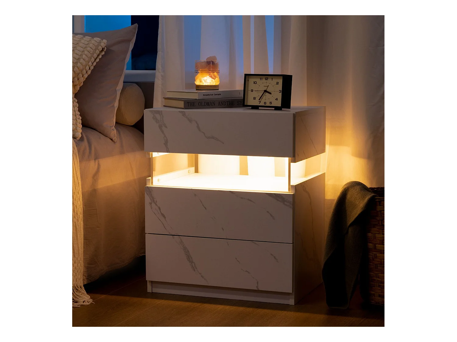 Nachtkastje met 3 lades - Nachtkastje met LED-verlichting en afstandsbediening - wit - voor slaapkamers en woonkamers