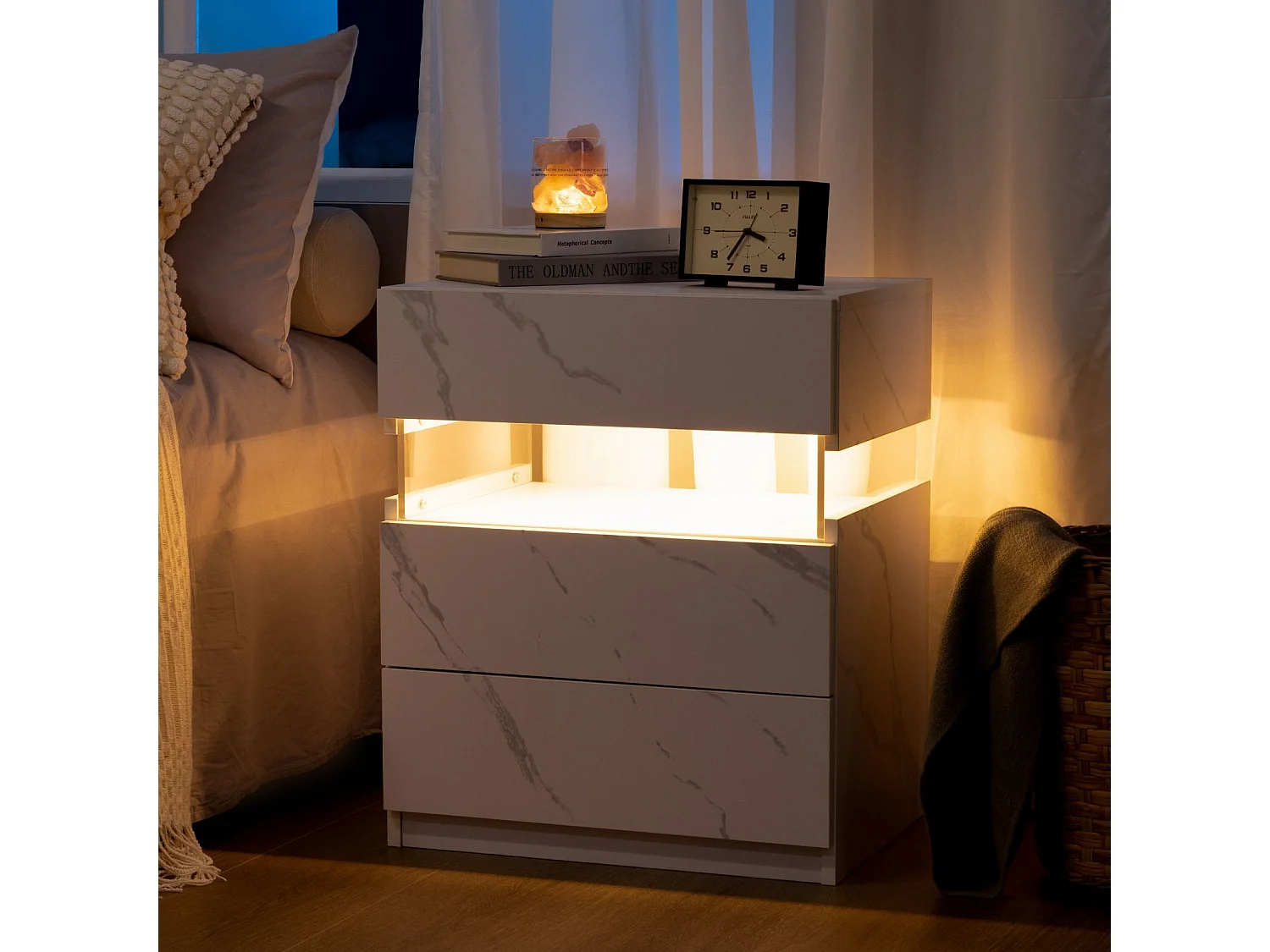 Table de chevet 3 tiroirs - Table de chevet avec éclairage LED et télécommande - blanc - pour les chambres et les salons