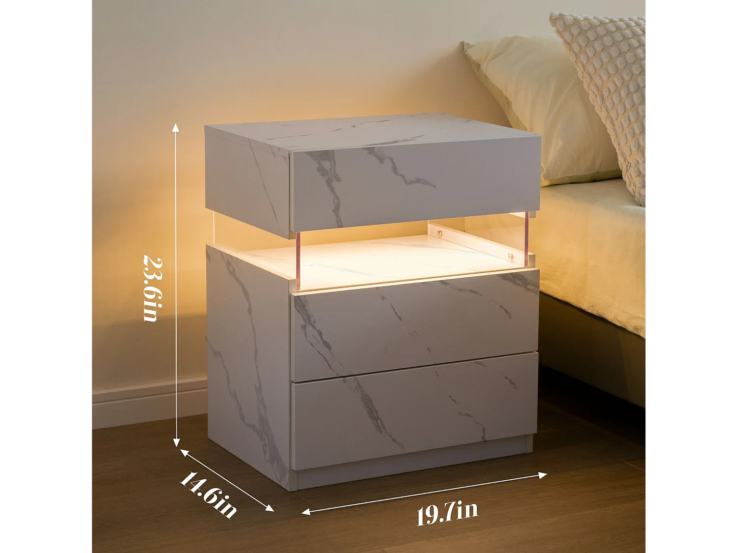 Table de chevet 3 tiroirs - Table de chevet avec éclairage LED et télécommande - blanc - pour les chambres et les salons