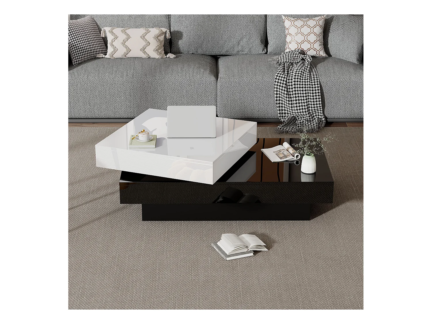 Table basse rectangulaire - Pivotante finition brillante et blanche - noir et blanc - pour les salons