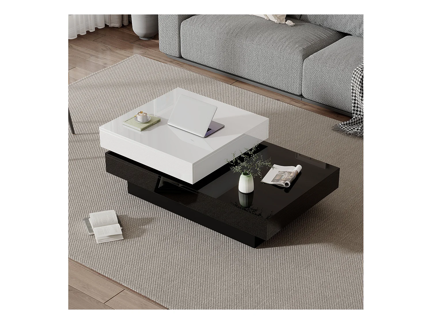Table basse rectangulaire - Pivotante finition brillante et blanche - noir et blanc - pour les salons