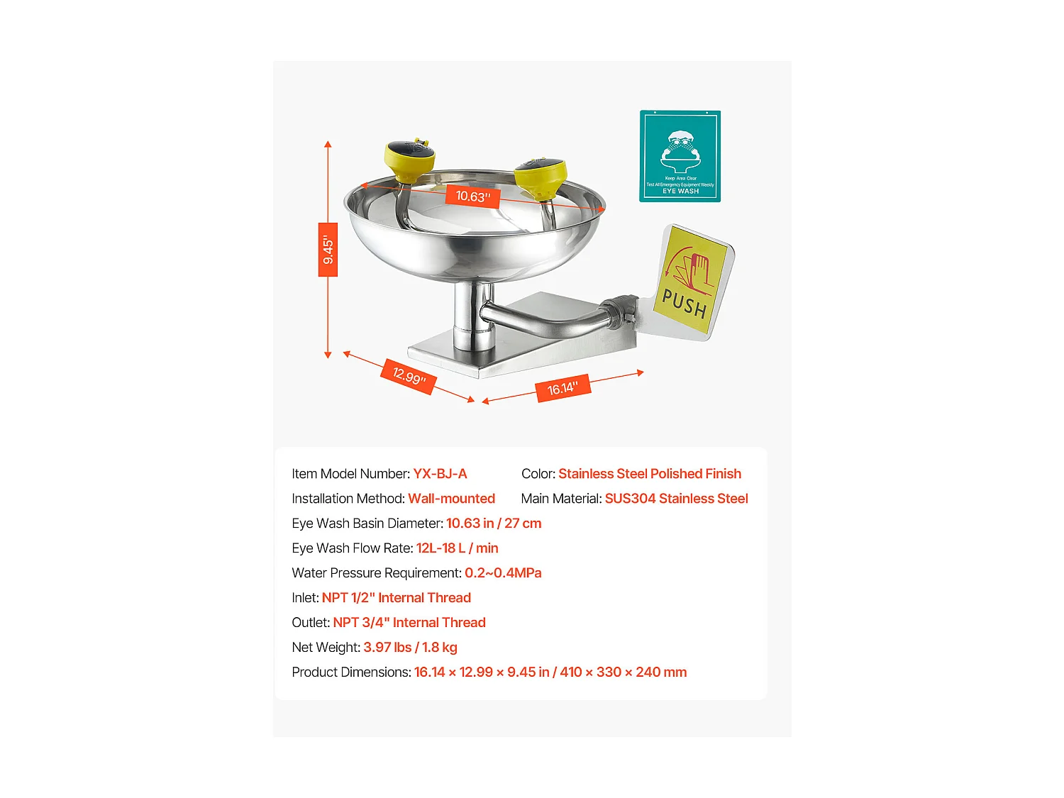 Station de Lavage SucceBuy Oculaire 27 cm, Douche Oculaire Murale en Acier Inoxydable, Lavabo d'Urgence 41x 33 x 24 cm, Dispositif de Nettoyage des Yeux
