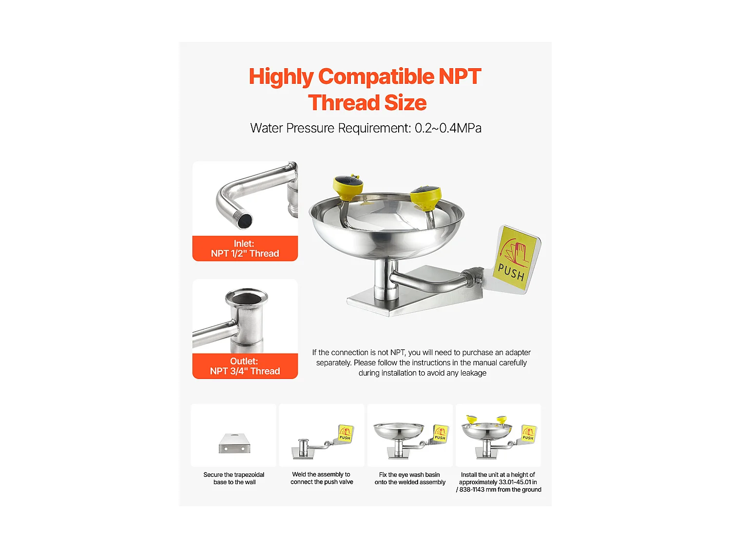 Station de Lavage SucceBuy Oculaire 27 cm, Douche Oculaire Murale en Acier Inoxydable, Lavabo d'Urgence 41x 33 x 24 cm, Dispositif de Nettoyage des Yeux