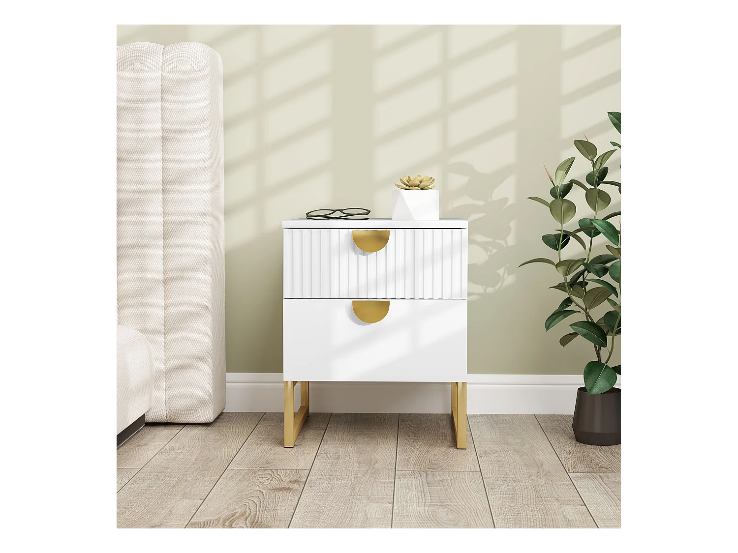 Table de chevet 2 tiroirs - Table de chevet avec poignées dorées - blanc - pour chambre et salon