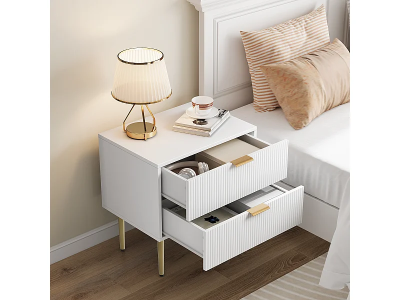 Table de chevet blanche - Table de chevet avec 2 tiroirs et pieds en métal - pour chambre