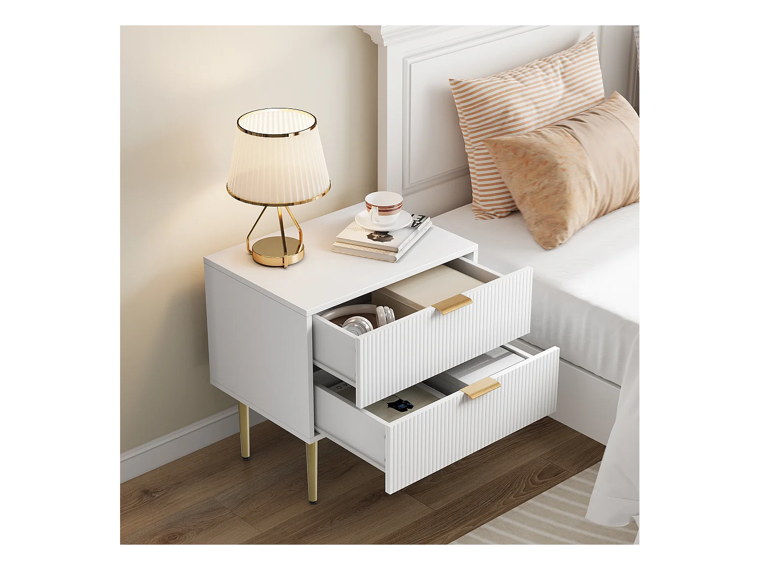 Table de chevet blanche - Table de chevet avec 2 tiroirs et pieds en métal - pour chambre