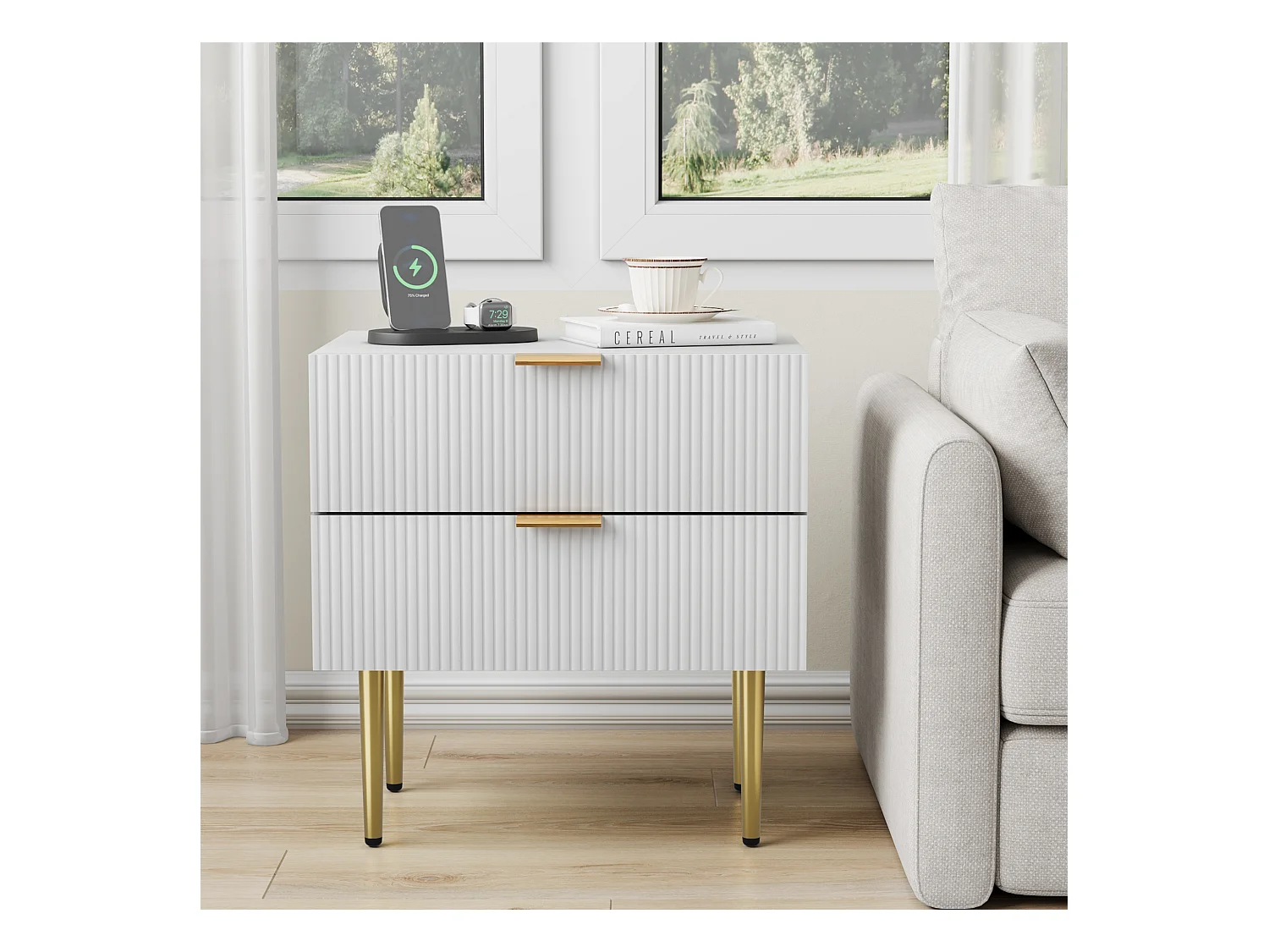 Table de chevet blanche - Table de chevet avec 2 tiroirs et pieds en métal - pour chambre