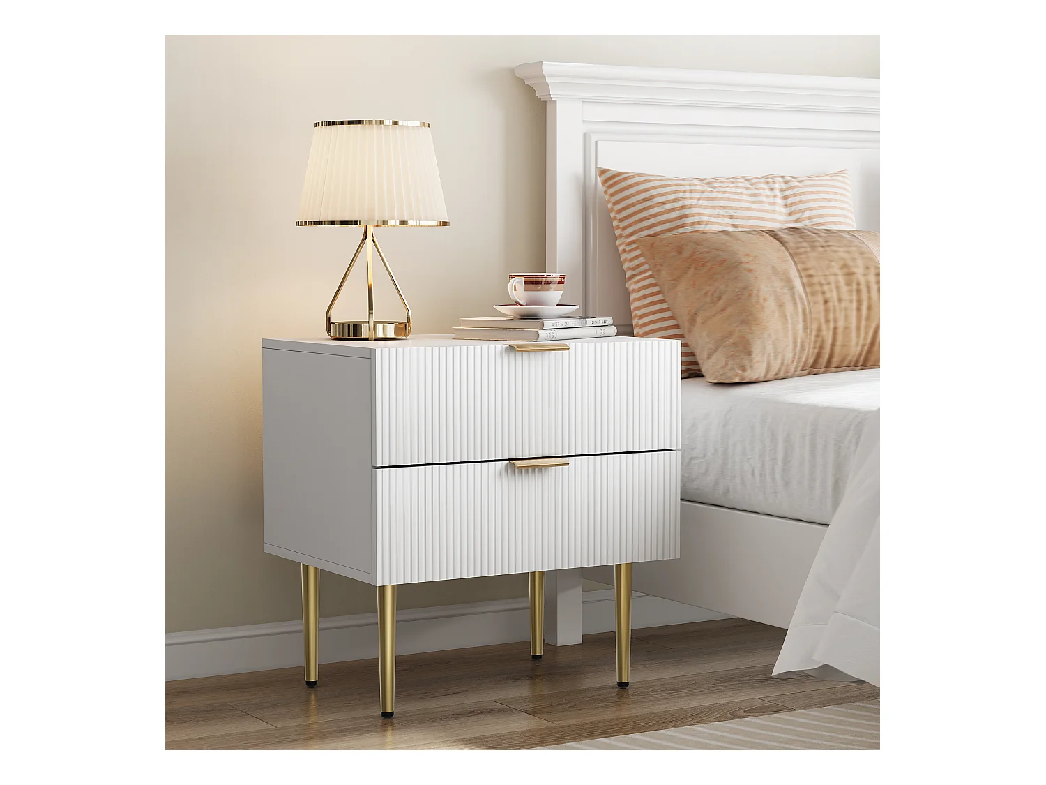 Table de chevet blanche - Table de chevet avec 2 tiroirs et pieds en métal - pour chambre