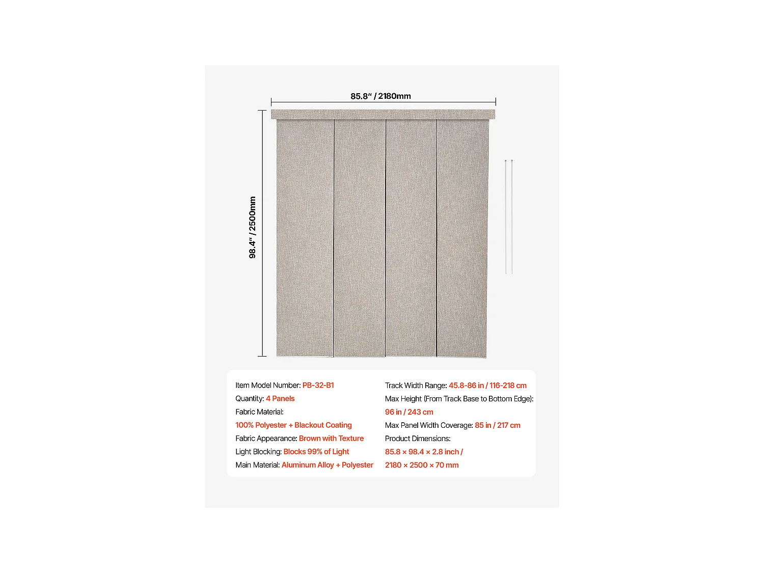 Store à Panneaux SucceBuy Verticaux sur Rail 116-218 cm de Large, Panneaux Japonais Ajustables jusqu'à 243 cm de Haut, Idéal pour Portes Coulissantes