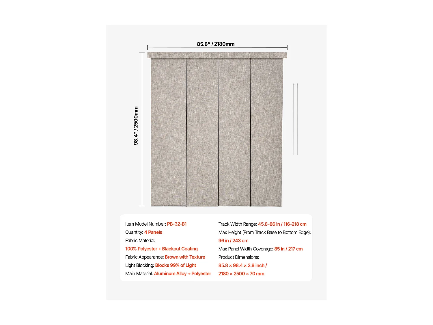 Store à Panneaux SucceBuy Verticaux sur Rail 116-218 cm de Large, Panneaux Japonais Ajustables jusqu'à 243 cm de Haut, Idéal pour Portes Coulissantes