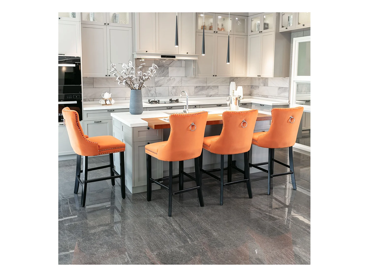 Set van 2 barkrukken - barkrukken met gewatteerde rugleuning en knoopsluiting - oranje fluweel