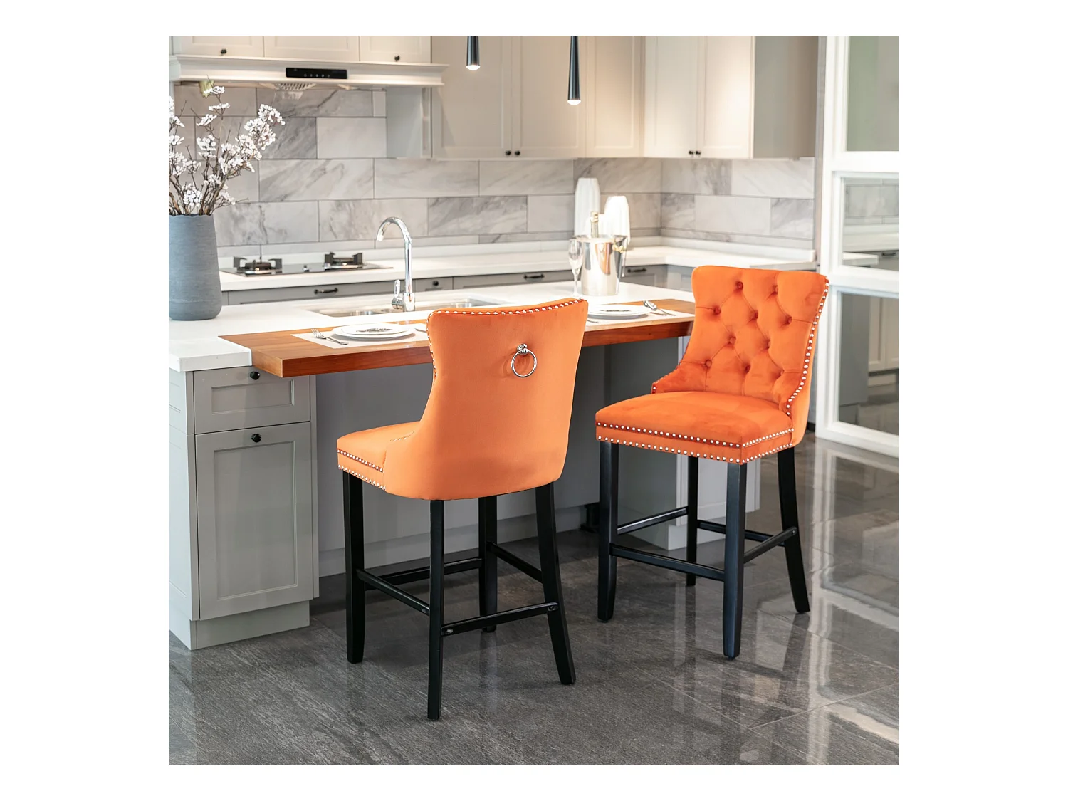 2er-Set Barhocker – Barhocker mit gepolsterter Rückenlehne und Knopfheftung – Orangefarbener Samt