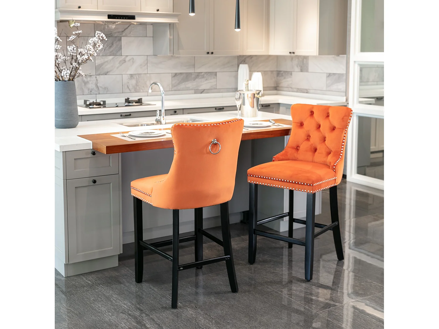 Set di 2 sgabelli da bar - Sgabelli da bar con schienale imbottito e capitonné - Velluto arancione