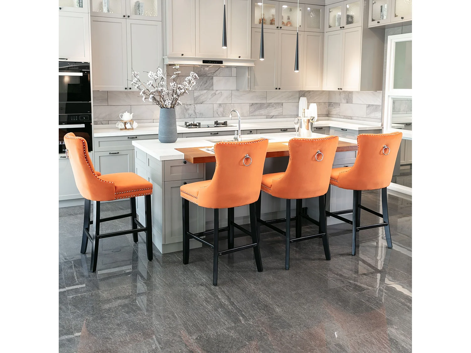 Set di 2 sgabelli da bar - Sgabelli da bar con schienale imbottito e capitonné - Velluto arancione