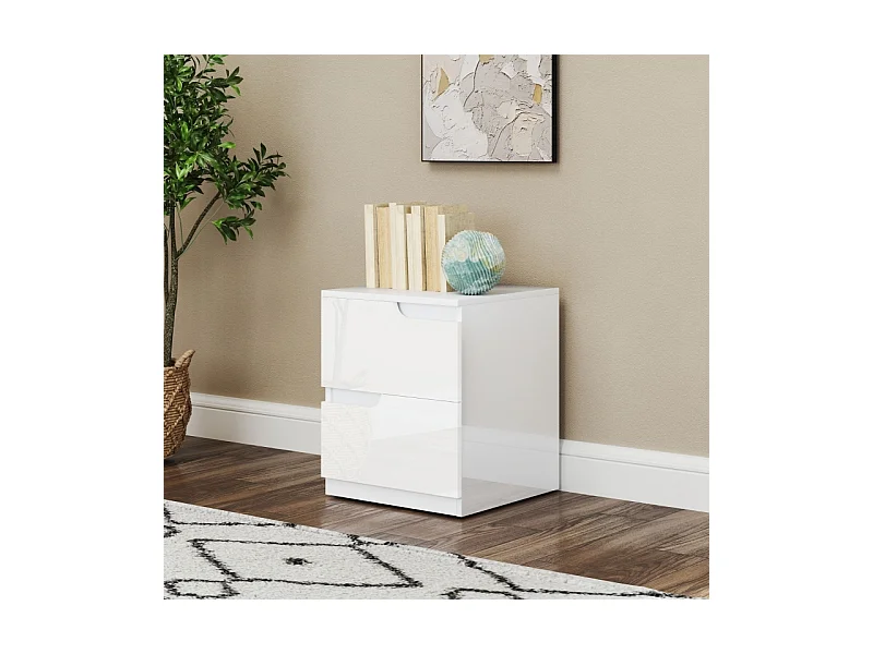 Table de chevet à 2 tiroirs - blanc brillant - idéale pour le salon ou la chambre