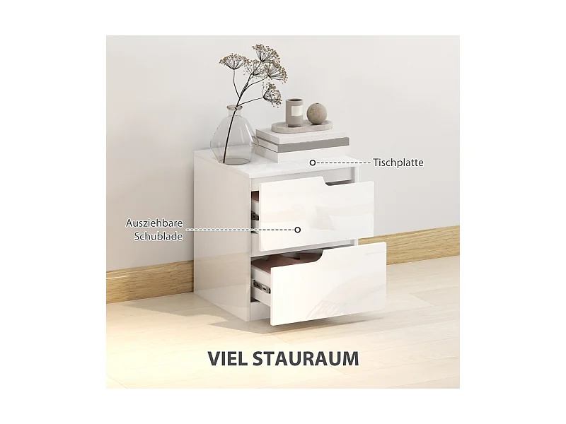 Table de chevet à 2 tiroirs - blanc brillant - idéale pour le salon ou la chambre