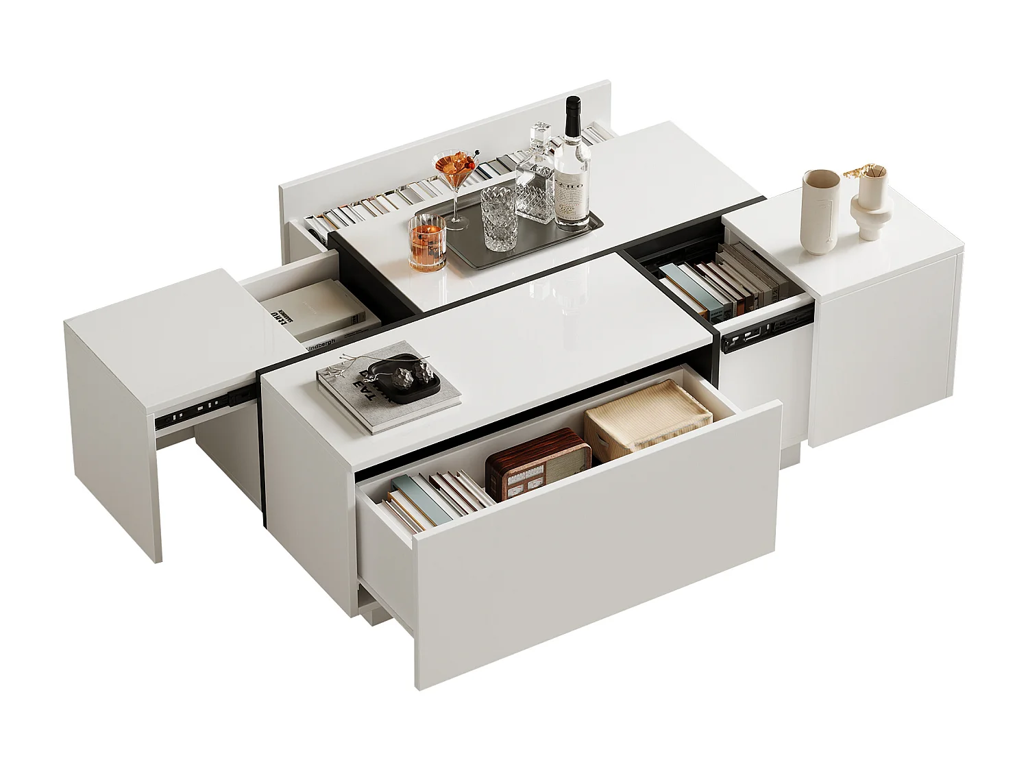 Mesa de centro retangular branca - Mesa de centro com 4 gavetas e tampo deslizante - para sala de estar