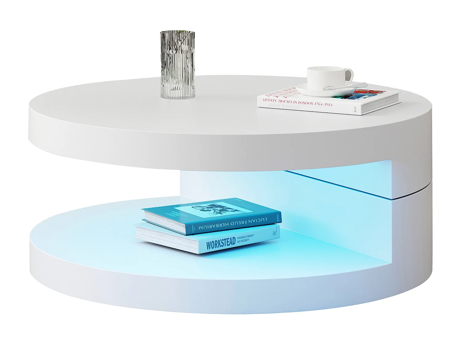 Table basse ronde - Table basse avec éclairage LED et plateau rotatif - MDF blanc - pour salon