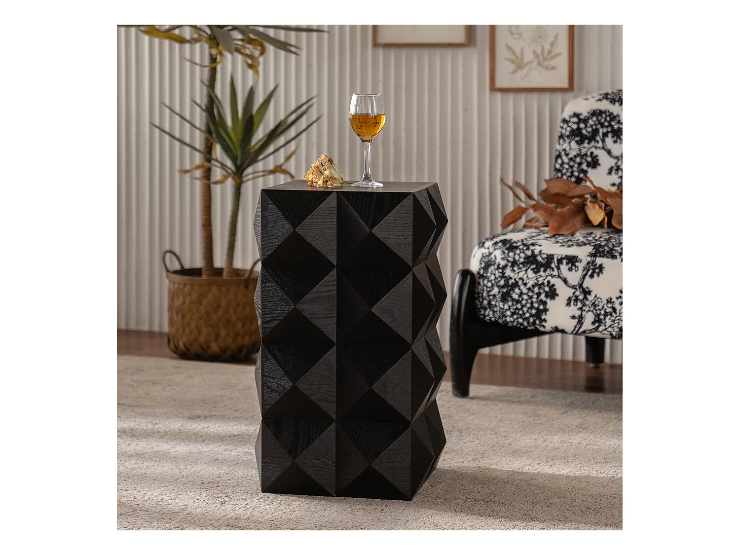 Table de chevet noir vintage - motif en relief 3D - pour chambre