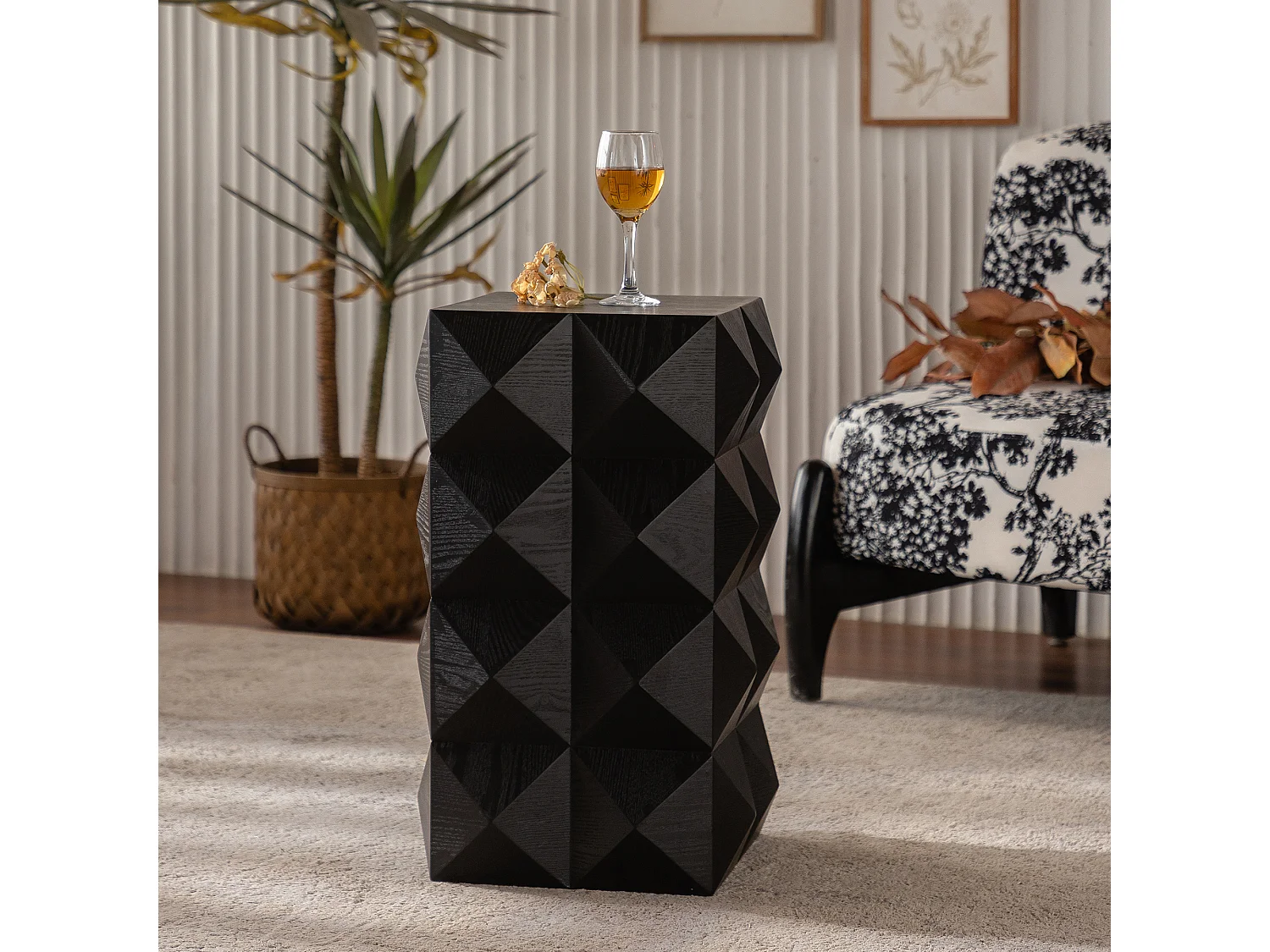 Table de chevet noir vintage - motif en relief 3D - pour chambre