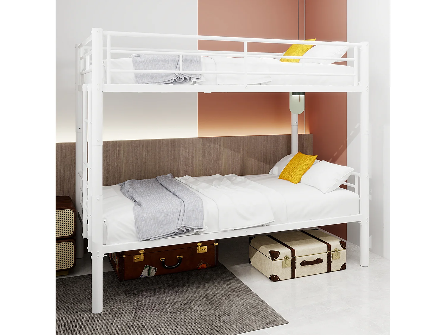 Litera 2 x 90 x 190 cm - Cama infantil con escalera y barandillas - metal blanco - sin colchón