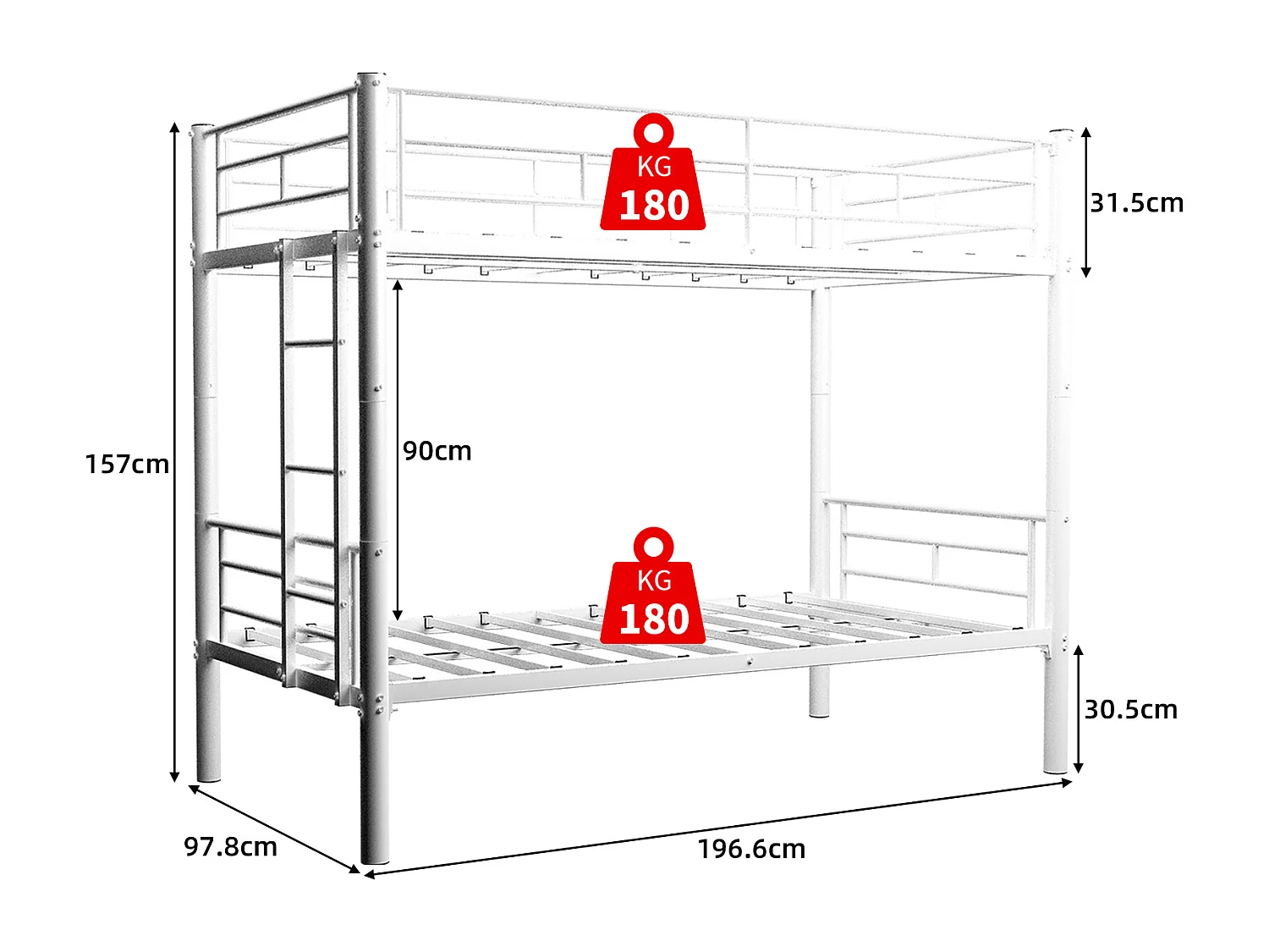 Litera 2 x 90 x 190 cm - Cama infantil con escalera y barandillas - metal blanco - sin colchón