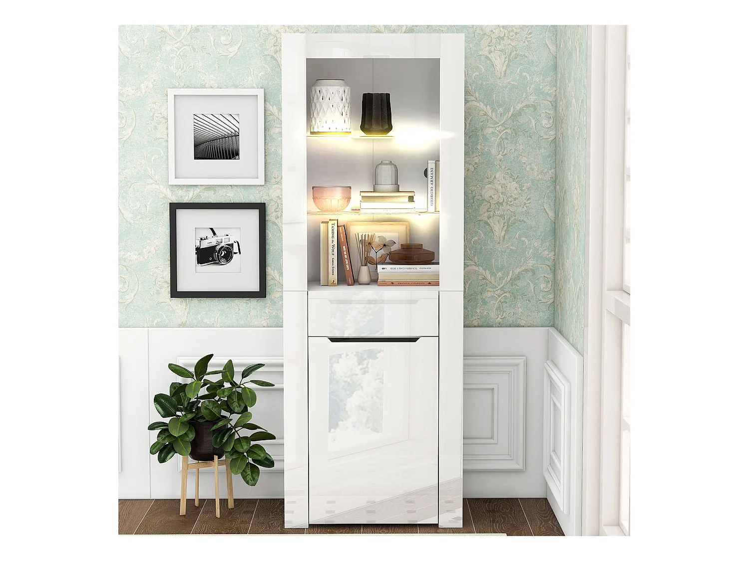 Vitrine blanc avec éclairage LED - Vitrine avec 1 tiroir et 1 porte - pour salon et cuisine