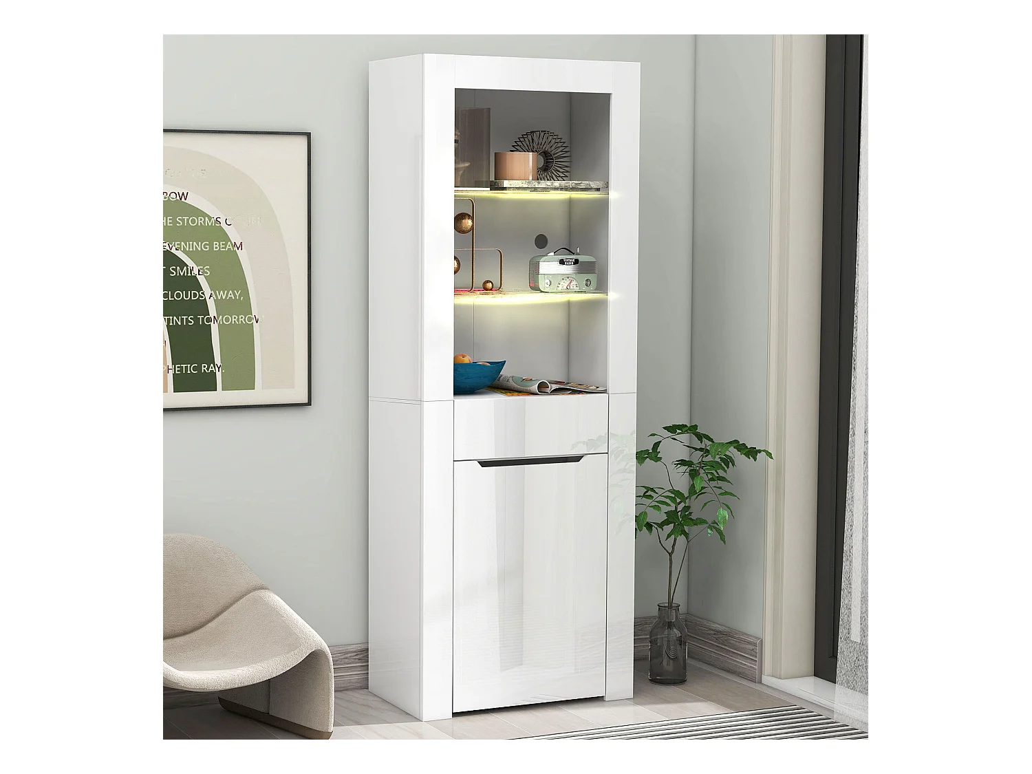 Vitrine blanc avec éclairage LED - Vitrine avec 1 tiroir et 1 porte - pour salon et cuisine