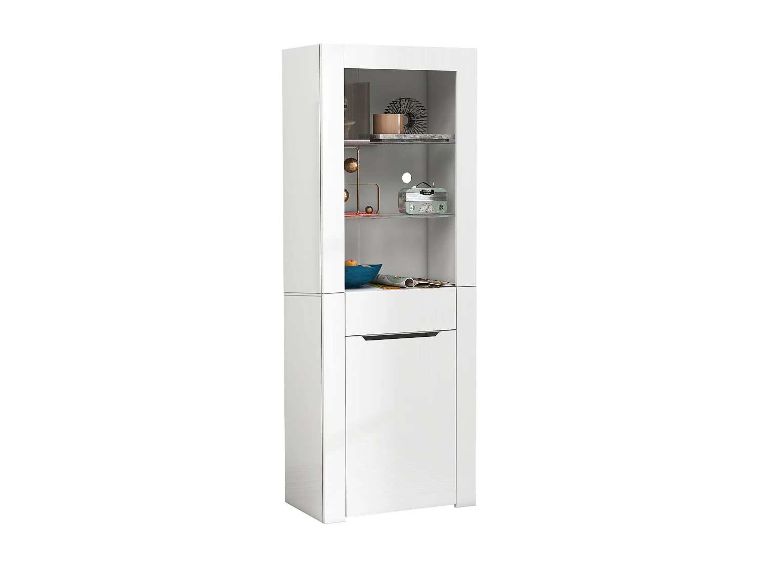 Vitrine blanc avec éclairage LED - Vitrine avec 1 tiroir et 1 porte - pour salon et cuisine