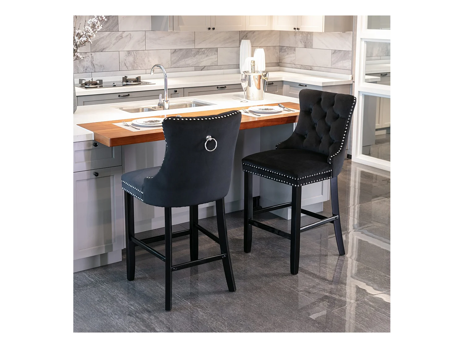 Set van 2 barkrukken - barkrukken met gewatteerde rugleuning en knoopsluiting - zwart fluweel