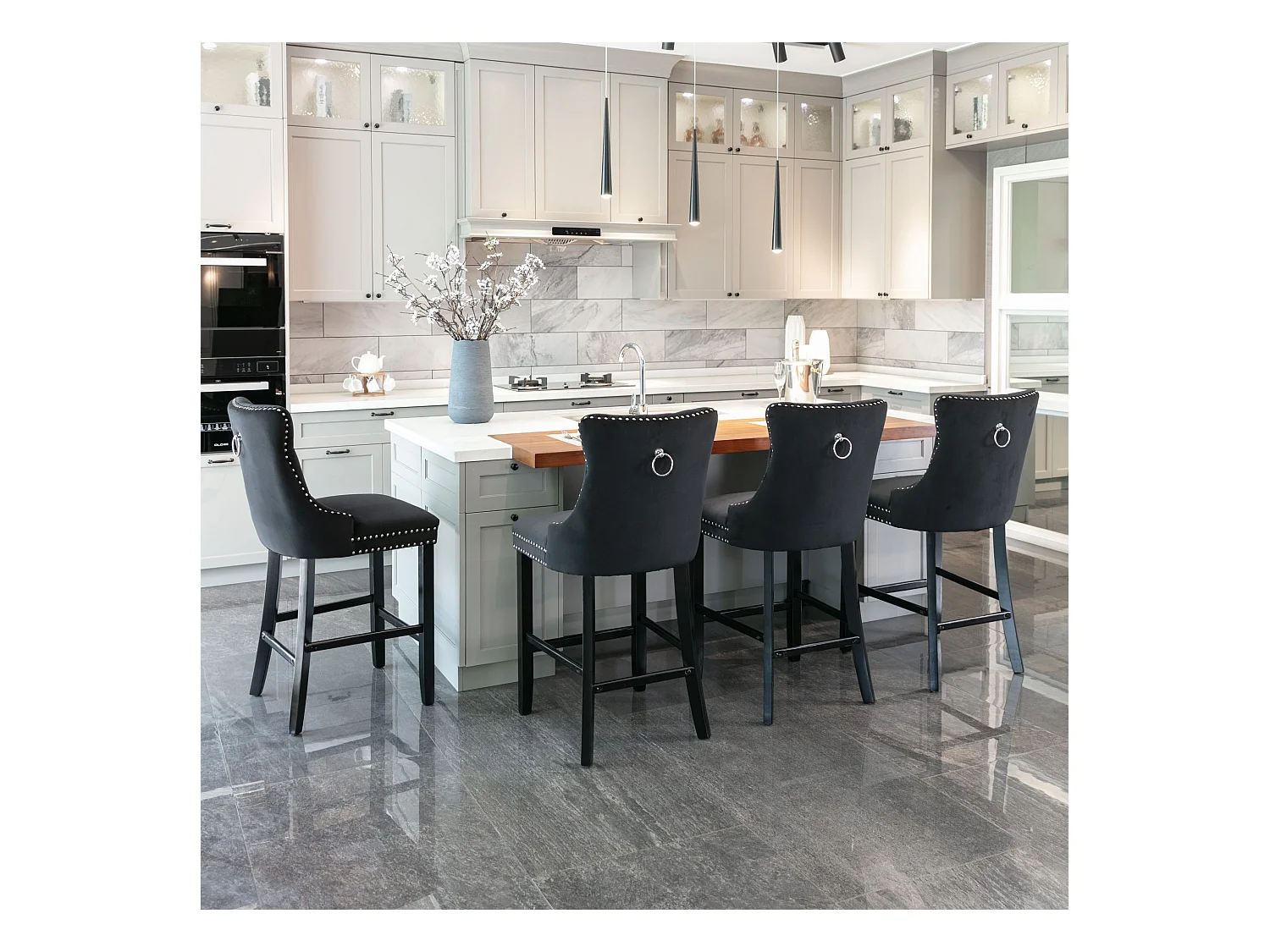 Set van 2 barkrukken - barkrukken met gewatteerde rugleuning en knoopsluiting - zwart fluweel